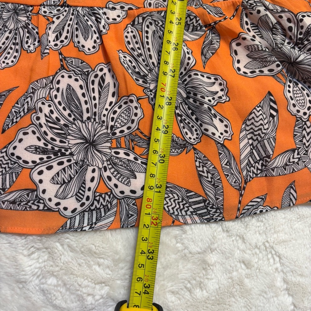 SALE! LOFT Dress XS Orange Black White Floral Mini Retro Ruffle Elastic Neckline - Picture 16 of 16